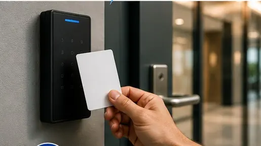 Employee unlocking a commercial door with a key card at an access control reader