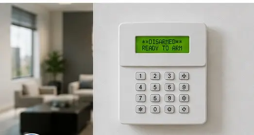 Commercial intrusion alarm keypad installed at a business entrance