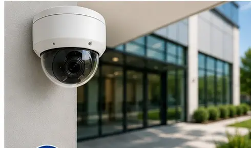 Dome security camera installed on the exterior of a commercial building in Austin