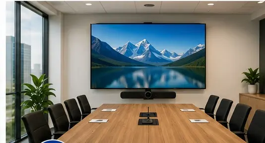 Conference room AV installation with wall-mounted display and video conferencing